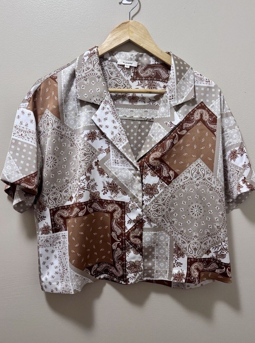 PLEIONE Woman's Button Up Brown Beige Paisley Short Sleeve Cropped Top Large New